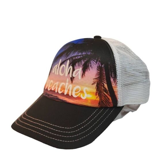 Hawaiian Headgear Accessories - Hawaii SNAP BACK Trucker Hat “ALOHA BEACHES” Mesh “Tongue and Cheek” One Size
